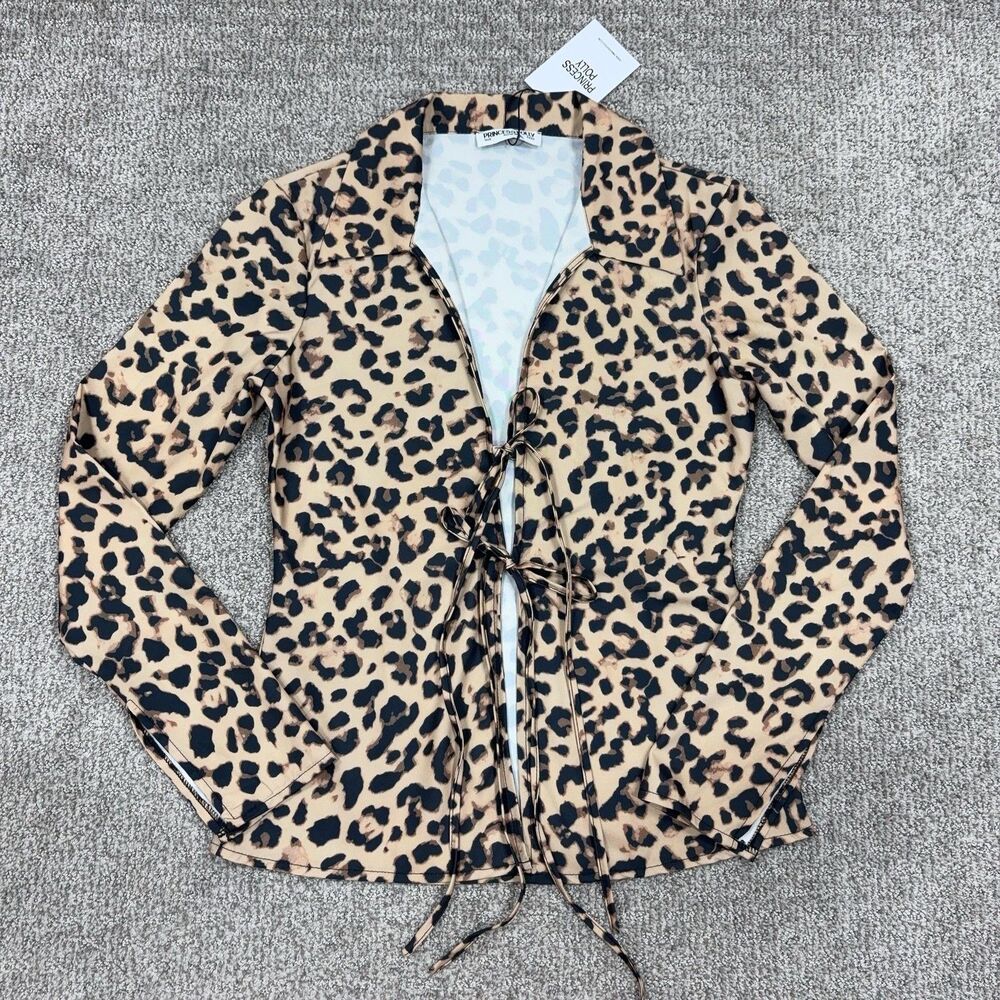 Princess Polly Top Womens 0 Beige Leopard Toriah Long Sleeve Tie Front Blouse